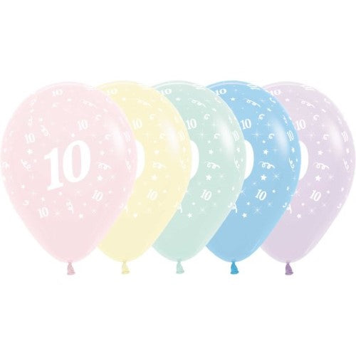 Pack of 25 pastel matte balloons celebrating age 10, perfect for festive birthday decorations and events.