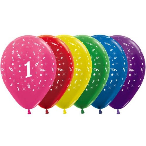 Colorful pack of 25 metallic latex balloons for age 1 birthday celebrations, perfect for decorating parties and events.