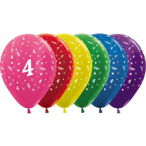 Colorful metallic latex balloons celebrating Age 4, perfect for birthday parties and festive occasions, pack of 25.