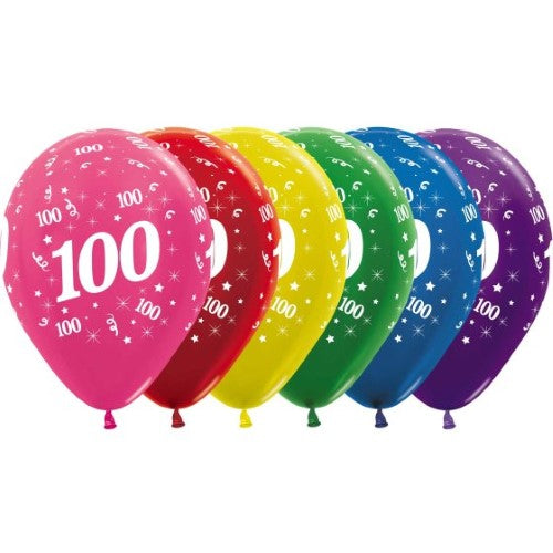 Colorful pack of 25 Sempertex 30cm Age 100 metallic latex balloons, perfect for milestone celebrations and festive decor.