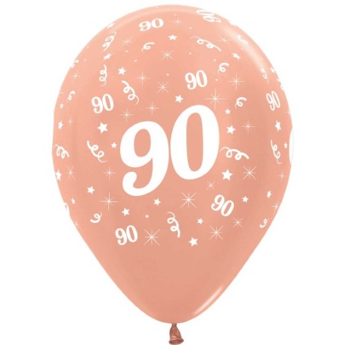 Pack of 25 Sempertex 30cm metallic rose gold latex balloons, perfect for 90th birthday celebrations and elegant decor.