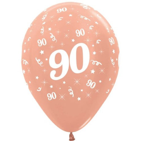 Pack of 25 Sempertex 30cm metallic rose gold latex balloons, perfect for 90th birthday celebrations and elegant decor.
