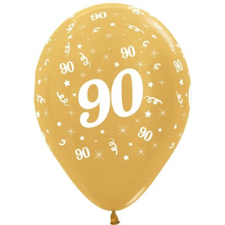 Pack of 25 metallic gold latex balloons, 30cm, ideal for 90th birthdays and elegant celebrations.