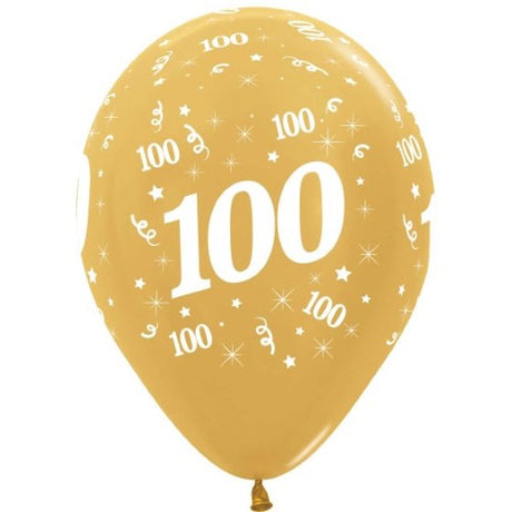 30cm metallic gold latex balloons for Age 100 celebrations, pack of 25, adding elegance and vibrancy to any party.