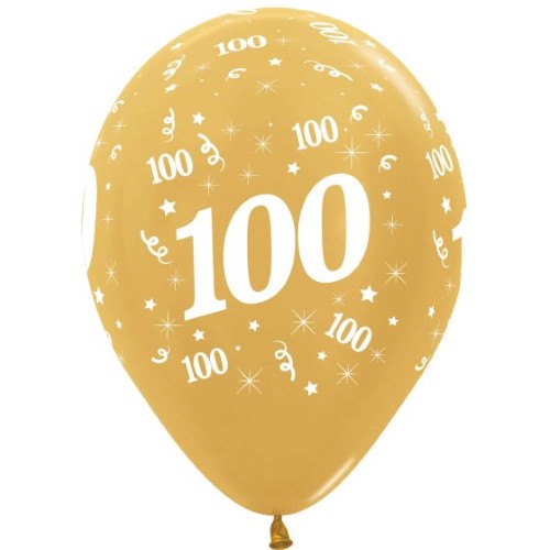 30cm metallic gold latex balloons for Age 100 celebrations, pack of 25, adding elegance and vibrancy to any party.