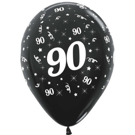 Pack of 25 metallic black latex balloons for a stylish 90th birthday celebration, perfect for indoor and outdoor events.