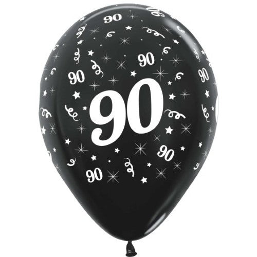 Pack of 25 metallic black latex balloons for a stylish 90th birthday celebration, perfect for indoor and outdoor events.