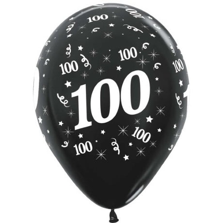 Pack of 25 Sempertex 30cm metallic black latex balloons, perfect for 100th birthday celebrations and elegant decorations.