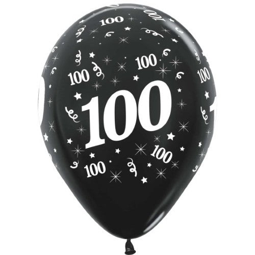 Pack of 25 Sempertex 30cm metallic black latex balloons, perfect for 100th birthday celebrations and elegant decorations.