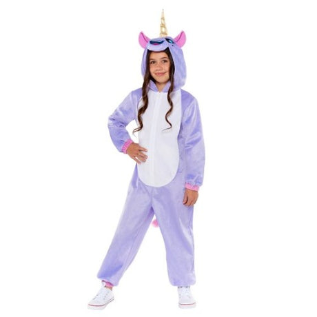 Colorful unicorn onesie for kids aged 3-4, featuring a cozy hood, Velcro tail, and magical design for imaginative play.