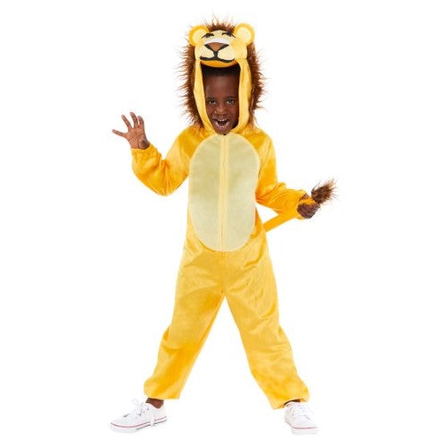 Hooded plush lion onesie for toddlers, featuring a Velcro tail, perfect for dress-up, Halloween, or cozy playtime.