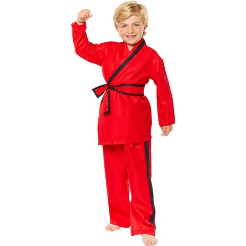 Costume featuring Cobra Kai logo top, functional belt, and trousers, designed for kids aged 4-6 for imaginary karate play.