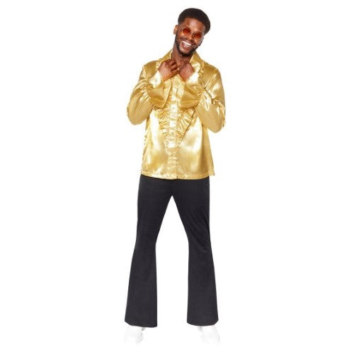 Gold satin ruffle shirt for men, size small, perfect for themed parties and cosplay, featuring luxurious fabric and stylish design.