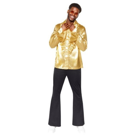 Gold satin ruffle shirt for men, size small, perfect for themed parties and cosplay, featuring luxurious fabric and stylish design.