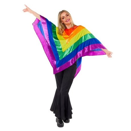 Colorful satin poncho showcasing a rainbow design, perfect for festivals, themed parties, and costume wear.
