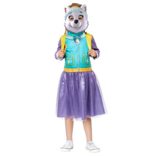 Paw Patrol Everest costume for kids, featuring a dress, bag, and mask, perfect for imaginative play and adventures.