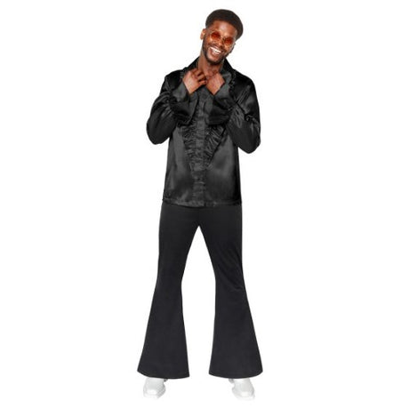 Black men's X-Large disco flares, stylish for 70s-themed parties and dance events, offering comfort and a flattering fit.