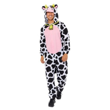 Cozy small cow plush onesie with floppy ears, cheerful face, and hood, perfect for lounging or costume events.