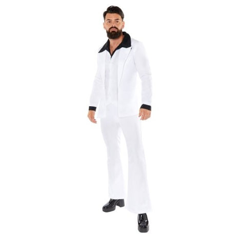 Men's 70's White Disco Suit in Size Medium with jacket, mock shirt, and flared trousers for retro-themed events.