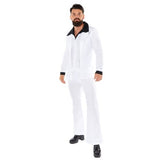 Men's 70's White Disco Suit in X-Large with flared trousers, mock shirt, and waistcoat for retro-themed events.