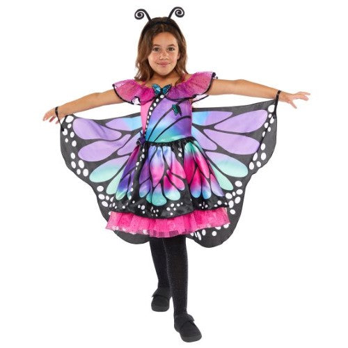 Vibrant butterfly costume set for girls aged 8-10, featuring a dress, wings, and headband for imaginative play.