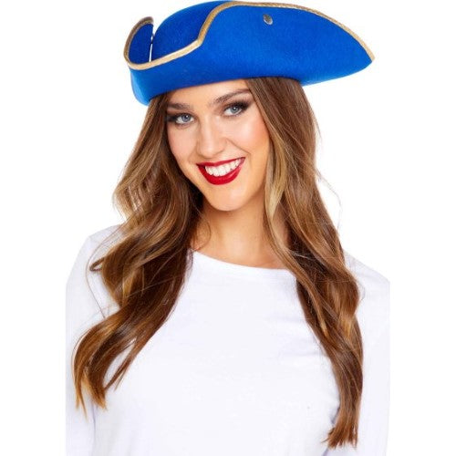 Vibrant blue and gold pirate hat for kids, perfect for costume parties and imaginative play.