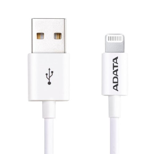 White 1M ADATA Lightning iPhone Cable, MFi-certified, for rapid charging up to 2.4A and efficient data transfer.