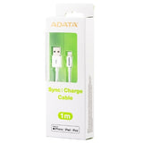 White 1M ADATA Lightning cable for Apple devices, MFi-certified, supports fast charging up to 2.4A and efficient data transfer.