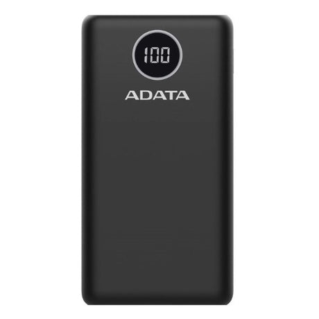 High-capacity ADATA P20000QCD power bank in black, 20,000mAh, with fast charging and digital display for three devices.