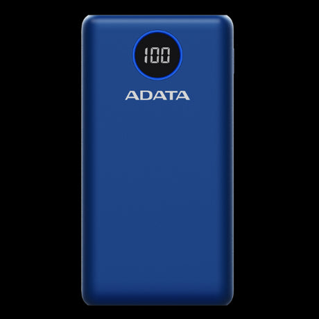 Sleek dark blue ADATA 20,000mAh power bank with dual USB-A and USB-C ports, fast charging, and digital power display.