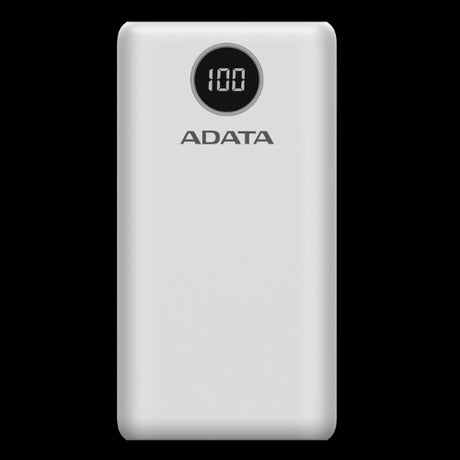 Sleek white ADATA P20000QCD Power Bank with 20000mAh capacity and fast charging capabilities for multiple devices.