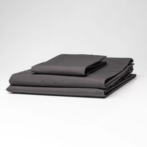 Essential Sheeting Set in charcoal, includes fitted sheet, flat sheet, and pillowcase; durable, wrinkle-free, and easy to care for.