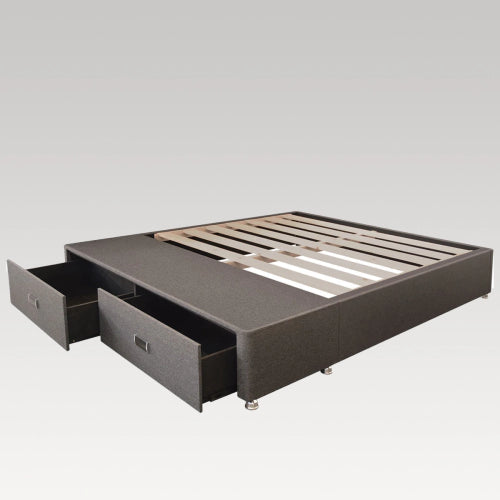 Queen drawer bed base in dark grey fabric with 2 spacious foot-end drawers for optimal storage and modern style.