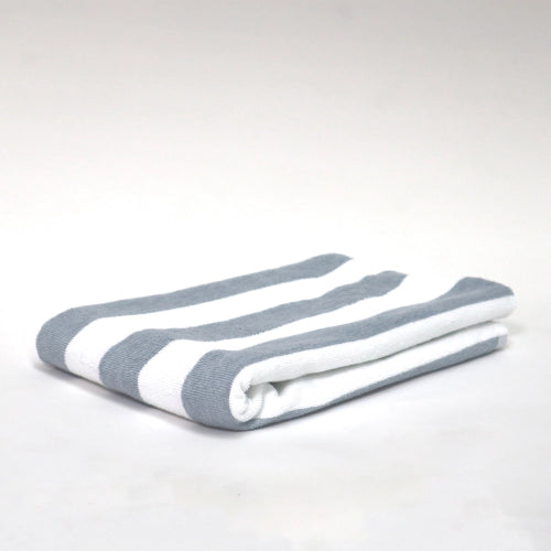 Stylish grey and white striped pool towel, 75x150cm, plush 420gsm, perfect for poolside relaxation and easy care.