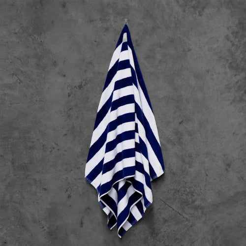 Navy and white striped pool towel, soft and absorbent 100% cotton, 75cm x 150cm, durable with double-stitched hems.