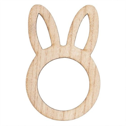 Six eco-friendly wooden napkin rings with playful bunny head cutouts, perfect for Easter and festive dining.