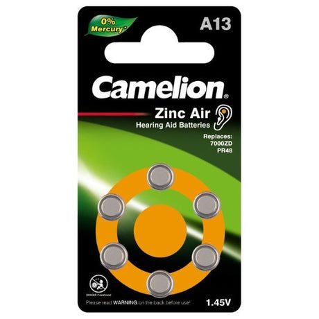 CAMELION A13 PR48 Zinc Air Hearing Aid Batteries 6PK, lightweight, high-capacity, reliable power solution for hearing aids.