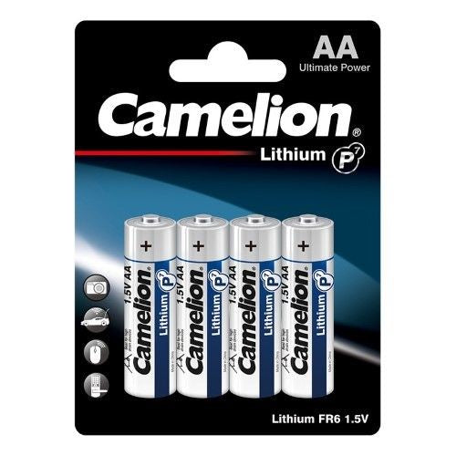 CAMELION LITHIUM AA batteries in a 4-pack, designed for high-drain devices with up to 7X longer usage and 10-year shelf life.