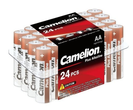 CAMELION PLUS ALKALINE AA batteries in a 24-pack, offering reliable power for high-drain devices with a 10-year shelf life.