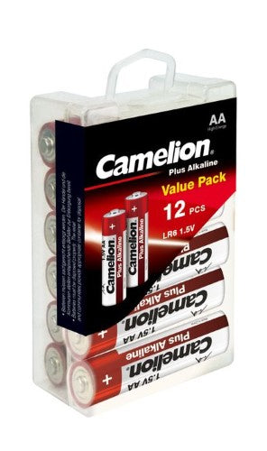 High-capacity AA alkaline batteries in a 12-pack, designed for long-lasting power and anti-leakage protection.