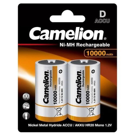 High-capacity CAMELION 10000mAh D rechargeable batteries, eco-friendly and perfect for powering various devices.
