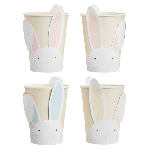 Pack of 8 eco-friendly paper cups featuring charming pastel bunny designs, perfect for Easter celebrations and gatherings.