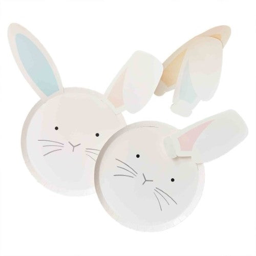 Bunny-themed Easter paper plates with pastel ears, eco-friendly, pack of 8 for festive gatherings.