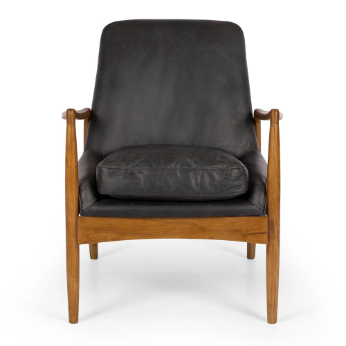 Mid-century modern black leather armchair with smoked oak frame and duck feather cushioning for ultimate comfort and style.