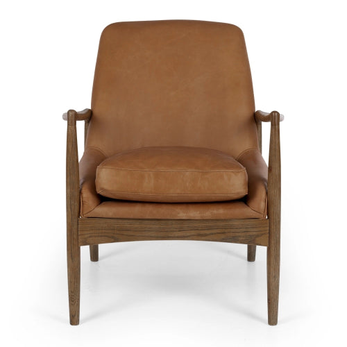 Stylish Steiner Cognac Leather Armchair with duck feather cushions and solid oak frame, perfect for modern living spaces.