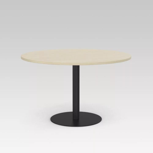 Elegant Bristol Round Dining Table in Nordic Maple with black powder-coated base, seats four, perfect for dining or workspace.