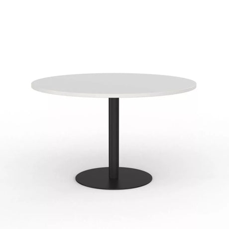 Elegant 900mm round white dining table with a sturdy black base, accommodating up to four guests for meals or work.