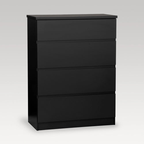 Tall black tallboy with four smooth-gliding drawers, made from durable NZ MDF, perfect for modern storage solutions.