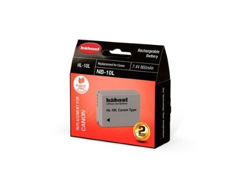 HAHNEL HL-10L Canon-compatible lithium-ion battery, 7.4V, 860mAh, eco-friendly packaging, ideal for photography enthusiasts.