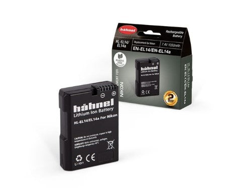 HAHNEL HL-EL14 Nikon compatible battery, 1050mAh, eco-friendly packaging, reliable power for Nikon digital cameras.
